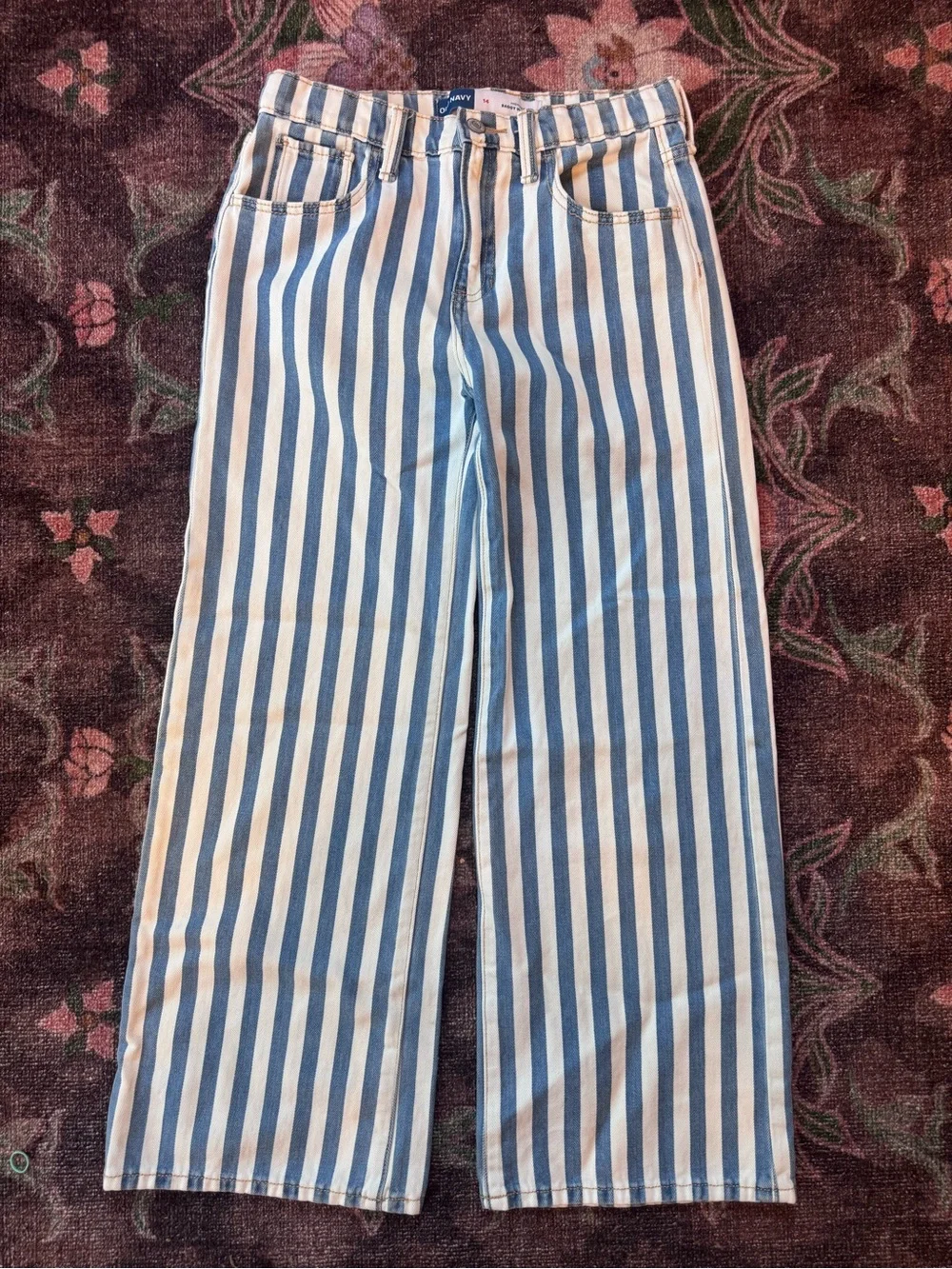Old Navy Girl’s lStriped Blue and White Jeans High-Rise Baggy Wide Leg - 14
